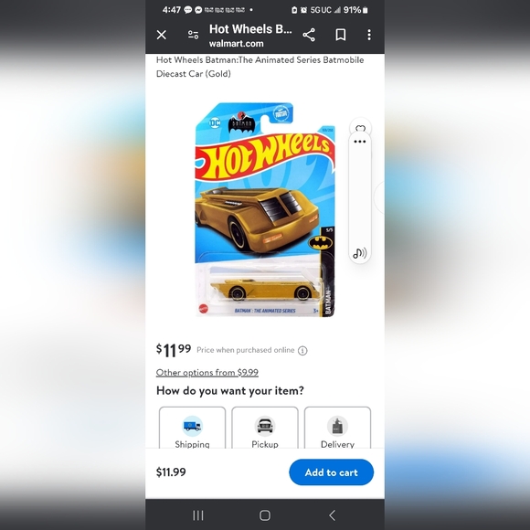 Hot Wheels Batman: The Animated Series Batman Diecast Gold Car Ages 3+ - Picture 1 of 14